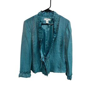 Rafael Ruffled Long Sleeve Blazer Jacket Teal Sz Petite Large Shimmer Secretary